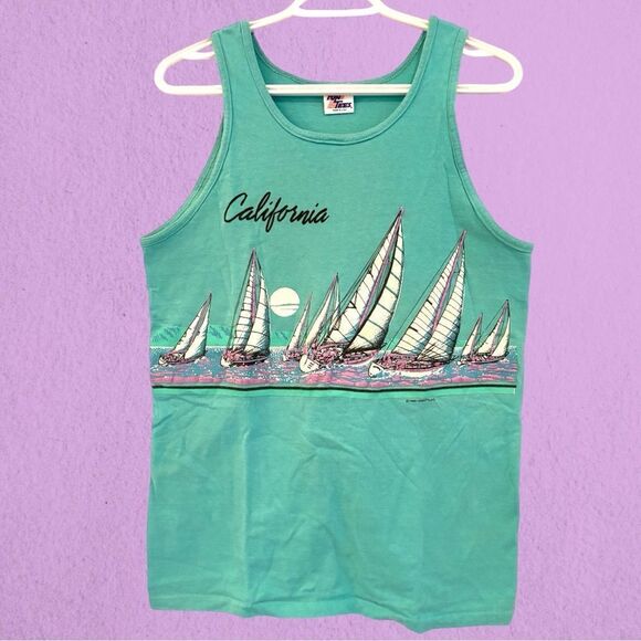 Vintage 1990 California tank top turquoise with sail boats - Picture 1 of 8